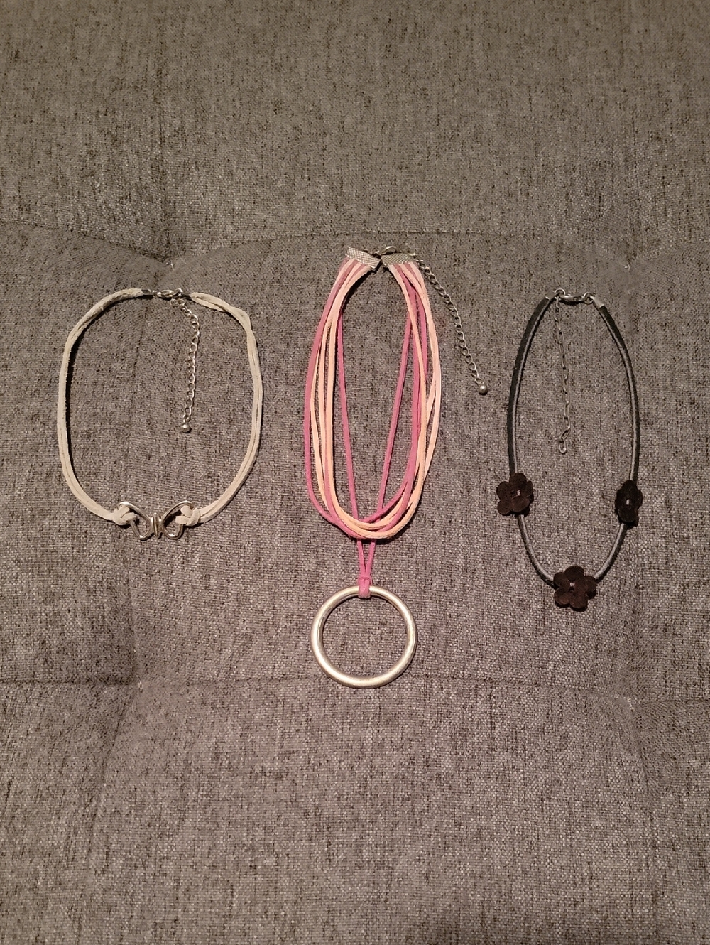 Set Of 3 Choker Necklaces On Suede Cords-silver Ring,flower,& butterfly